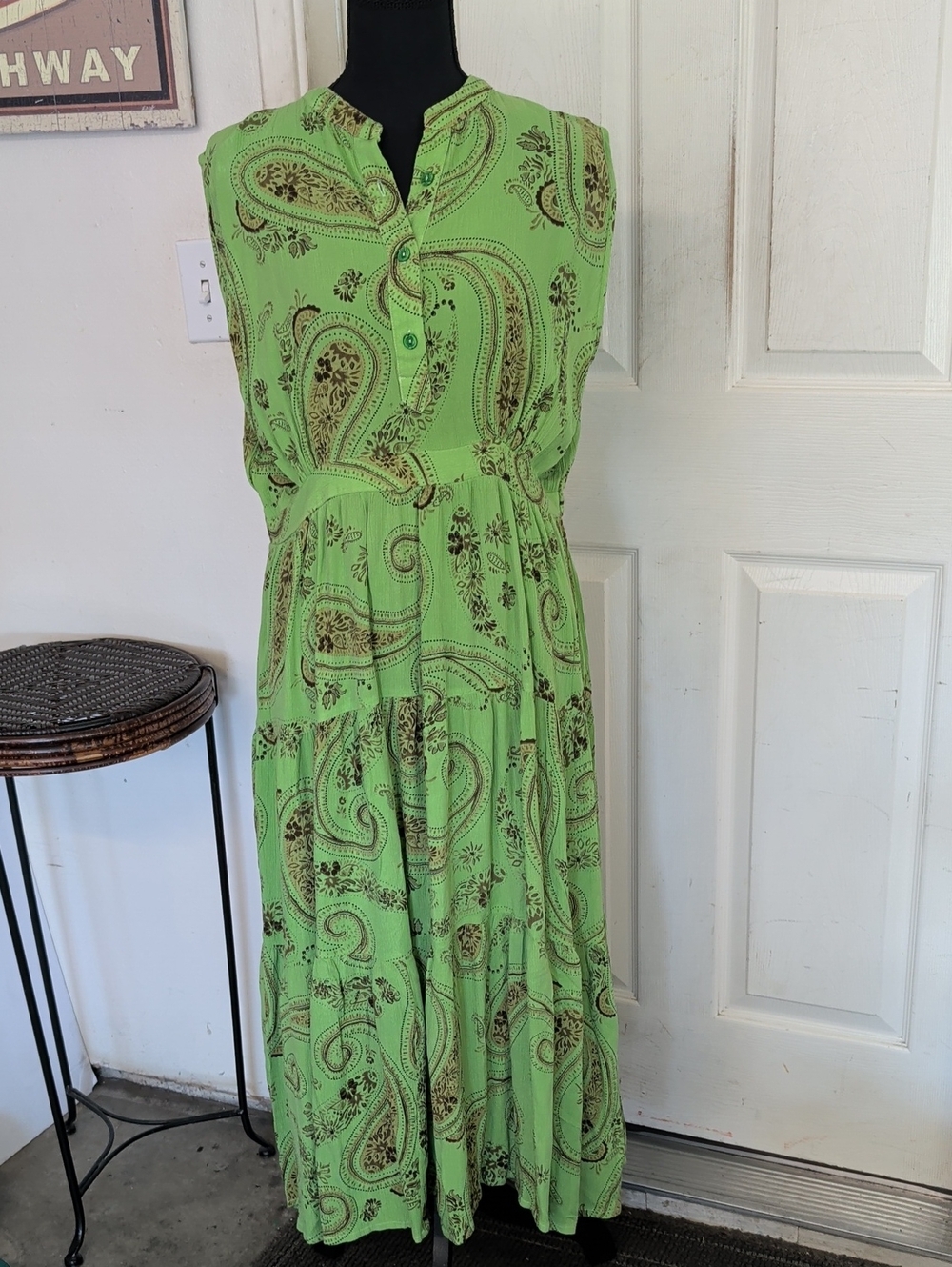 Bohera Leaf Whorl Printed Button Front Sleeveless Midi Dress Women M New